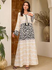 Al Najma Vestido largo informal de estilo árabe con mangas largas, diseño de unicolor con parches y decoración de borlas