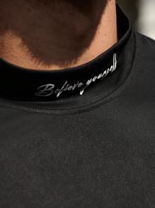 Manfinity Homme 加大码男士休闲字母印花黑色长袖T恤，秋季款 - 黑色 - 查看 7