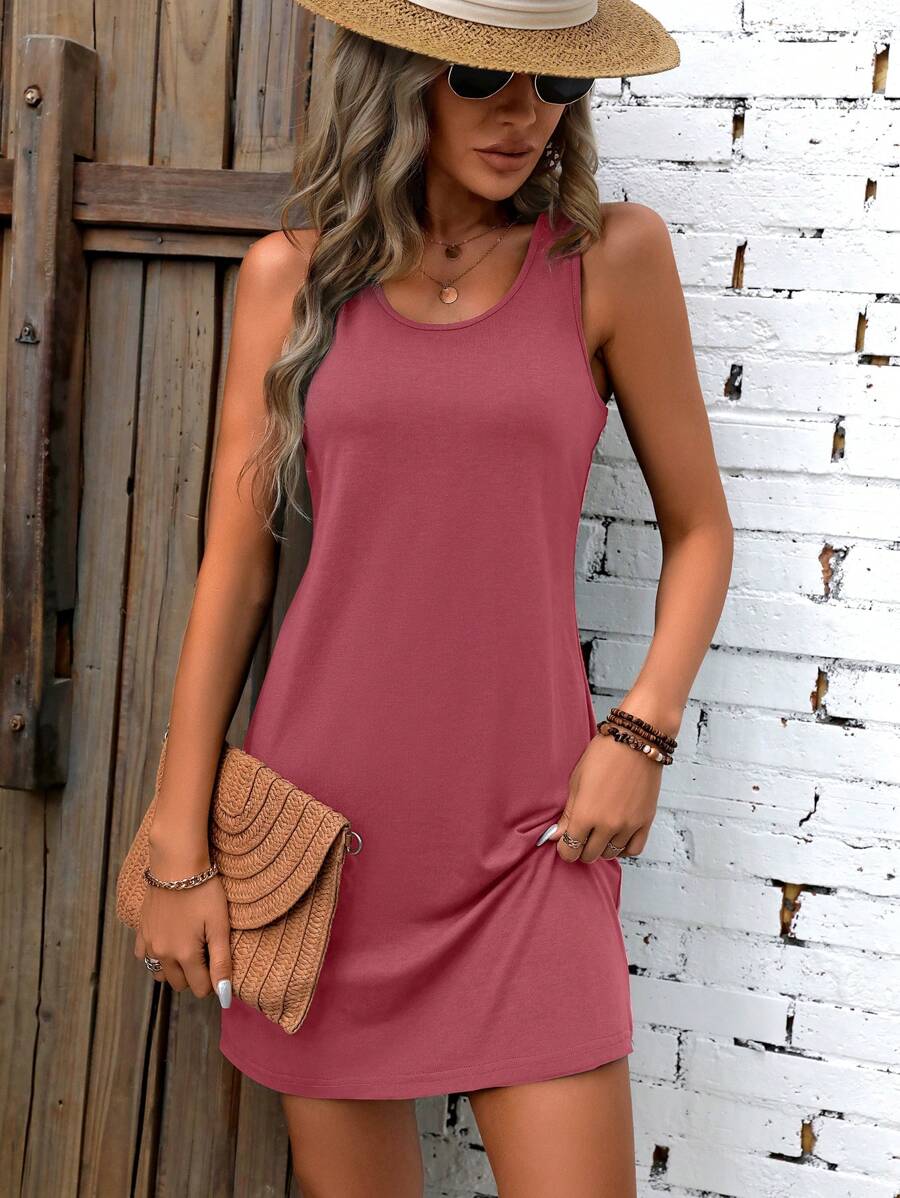 INAWLY Summer Plain Color Basic Solid Tank Dress For Women - Redwood - View 1