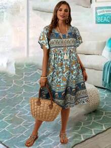 EMERY ROSE Trang phục bãi biển Boho cỡ lớn cho phụ nữ, cổ chữ V, in họa tiết cổ điển, tay bèo nhún, váy nghỉ lễ mùa hè - Màu xanh nhạt - Xem 5