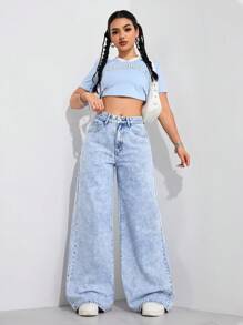 SHEIN ICON Simple Fashion Casual Everyday Denim Pants Y2k - Light Wash - View 5