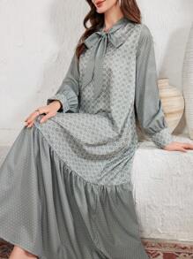 Lacomfia Spring 2025 Loose Bohemian Floral Print Robe Style Long Dress,Modest - Green - View 3