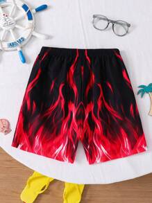 SHEIN Tween Boy Casual Street Flame Print Pattern Swim Trunks, Swimwear For Beach, Swimming, Surfing - Red - View 3