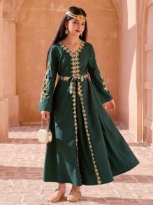 Tween Girl Patchwork Metallic Yarn Knit Dress - Green - View 5