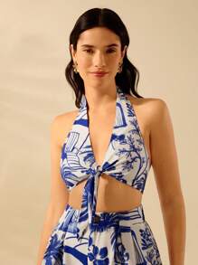 CAJUNI 女式露背波西米亚热带植物蓝白墨水假日休闲夏季剪裁上衣 - 彩色 - 查看 5