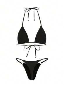 Swim SXY 2 件纯色微三角吊带无垫性感比基尼套装，春假节日波西米亚风，适合夏季海滩度假 - 黑色 - 查看 2