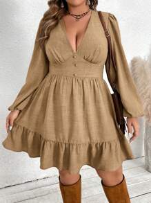 SHEIN VCAY Plus Size Lantern Sleeve Deep V-Neck Dress, Vacation Style - Camel - View 6