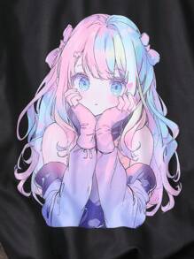 Tween Girls Cartoon Character Printed Short Sleeve Top And Shorts 2Pcs Set - Black - View 7