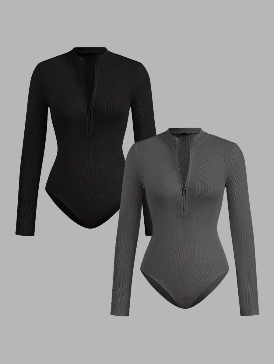 SHEIN EZwear 2 件套女士拉链高领紧身衣套装,休闲长袖紧身衣 - 彩色 - 查看 1