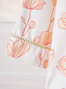 Girls Stand Collar Button Front Lace Trim 3/4 Sleeve Top And 3/4 Pants All Over Floral Print Home Outfit - Multicolor - View 5