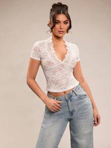 SHEIN BAE Ladies Deep V-Neck Contrast Lace Short Sleeve Tee Shirt, Sexy Lace Blouse, Valentine's Day Tops, White Lace Tops, Casual Office Wear, Holiday Lace Tops