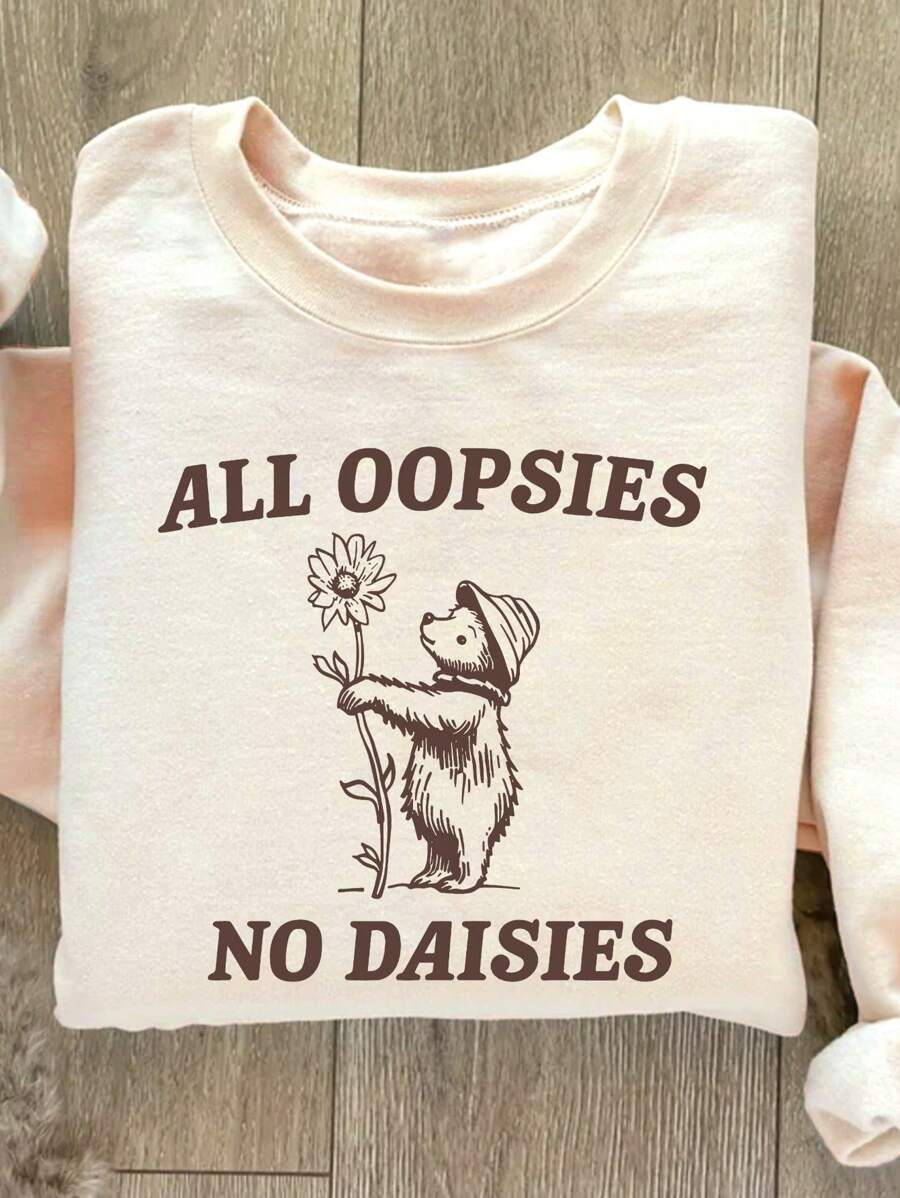 INAWLY Plus Size Casual Cartoon & Letter Print Crew Neck Sweatshirt For Autumn Graduation,Back To School,Graduation,Teacher For Women,Back To School Pullover Fall Winter Sweatshirt - Apricot - View 1