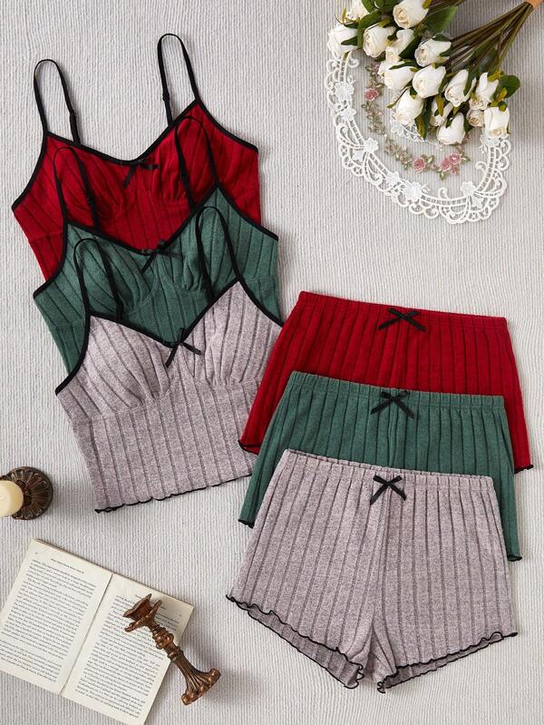 3pcs Women Bow Decor Camisole And Shorts Set, Three Colors, Casual Home Wear