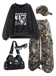 SHEIN EZwear Sudadera holgada de manga larga con estampado gráfico, tipo básico/rapero, en color negro lavado, para mujer en primavera/verano - Negro - Ver 1