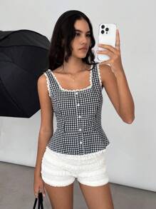 Siren Gaze Spring And Summer Plaid Lace Stitching Backless Babydoll Top With Mid-Back Bowknot Casual Vacation Top For Women Check - Blue and White - View 6