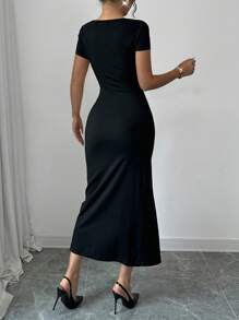 Elenzga Vestido con cuello redondo, lazo metálico y abertura alta - Negro - Ver 2