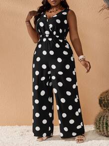Slaydiva Plus Size V-Neck Sleeveless All-Over Print Simple Casual Jumpsuit - Black - View 6