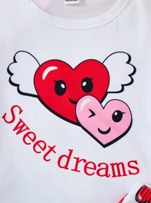 4pcs Girls Casual Heart & Peach Print Short Sleeve T-Shirt & Pants Sets, Homewear For Spring & Summer - Multicolor - View 4