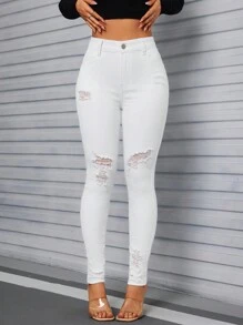 SHEIN ICON Jeans pitillo rotos de color liso informal - Blanco - Ver 5