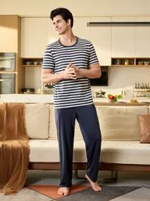 CoupledUp Men's 2pcs Casual Lounge Set, Minimalist Fashionable Top And Bottom For Daily Wear - Navy Blue - View 2