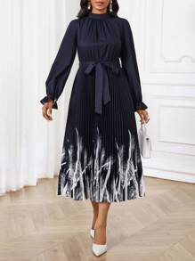 SHEIN Lady Leopard Print Dress Pleated A-Hem Long Dress For Women - Navy Blue - View 6