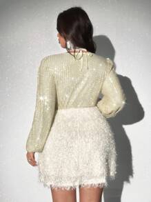 SHEIN Unity V-Neck Sequin Patchwork Fluffy A-Line Elegant Dress, Suitable For Daily Wear And Parties Fall Cloth For Women - Apricot - View 2