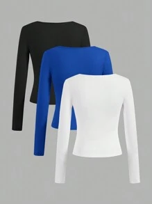 SHEIN EZwear 3件組女款休閒純色黑色、鈷藍色、白色短袖修身短版T恤，適合秋冬，日常上班穿搭上衣 - 彩色 - 查看 2