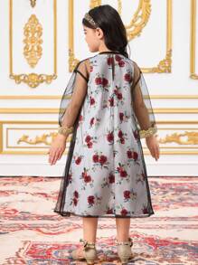 DRMZ 2pcs/Set Young Girl Woven Mesh Cardigan & Sleeveless Ditsy Floral Dress,Autumn,Sisters Sibling Outfits For Festivals & Special Events - Multicolor - View 2