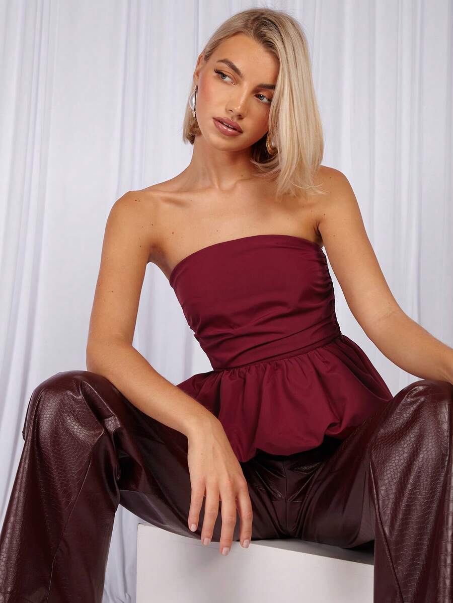 COSMINA Women's Solid Color Gathered Bust Simple Casual Top - Burgundy - View 1