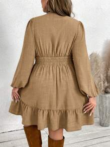 SHEIN VCAY Plus Size Lantern Sleeve Deep V-Neck Dress, Vacation Style - Camel - View 2
