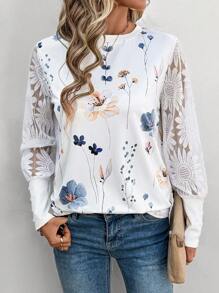 SHEIN LUNE Blusa de mujer con mangas de encaje y estampado floral, color blanco - Blanco - Ver 3