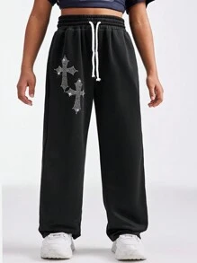 SHEIN Tween Girls Spring/Summer Y2K Style Drawstring Waist Wide Leg Loose Sweatpants With Rhinestone Decor - Black - View 1