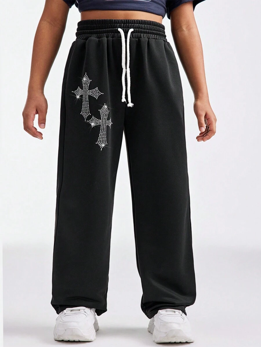 SHEIN Tween Girls Spring/Summer Y2K Style Drawstring Waist Wide Leg Loose Sweatpants With Rhinestone Decor - Black - View 1