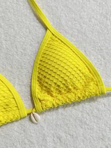 SHEIN Swim Women's Yellow Knitted Crochet Bikini Set With Sarong And Seashell Accents, Perfect For Beach Vacation For Summer - Yellow - View 4