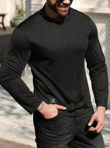 Manfinity Homme 加大码男士休闲字母印花黑色长袖T恤，秋季款 - 黑色 - 查看 5