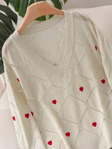 SHEIN Frenchy Plus Size V-Neck Long Sleeve Heart Print Casual Pullover Sweater Fall/Winter - Multicolor - View 1
