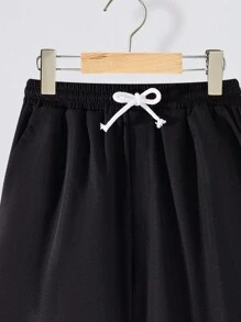 SHEIN 青少年男孩休闲宽松抽绳松紧腰短裤，舒适百搭 - 黑色 - 查看 7