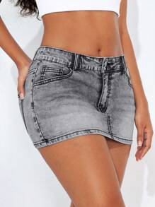 SHEIN EZwear Casual Distressed Skinny Mini Denim Skirt - Light Grey - View 5