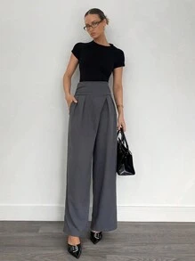 Siren Gaze 深灰色设计阔腿裤女士修身套装宽松高腰垂裆长裤，办公室穿着女士裤子 - 深灰色 - 查看 4