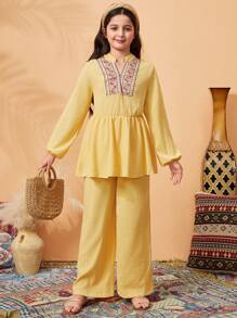 2pcs/Set Tween Girls Clothing Set: Traditional Element Pattern Top With Floral Trim And Loose Yellow Pants - Yellow - View 6