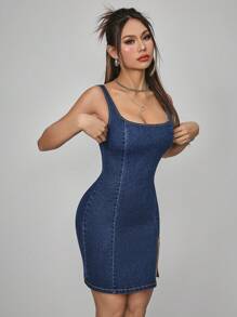 SHEIN PETITE 女式简约宽肩带修身短款开衩牛仔连衣裙 - 藍色 - 查看 5