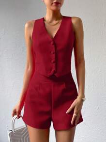 Aveloria Affinna Solid Button Front Waistcoat & Shorts Workwear 