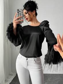 Chiquease Chemise de soirée élégante pour femmes avec col asymétrique et manches évasées - Noir - Voir 4