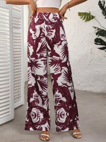 Chiquease Women Casual Vacation Wide Leg Pants With Tropical Print