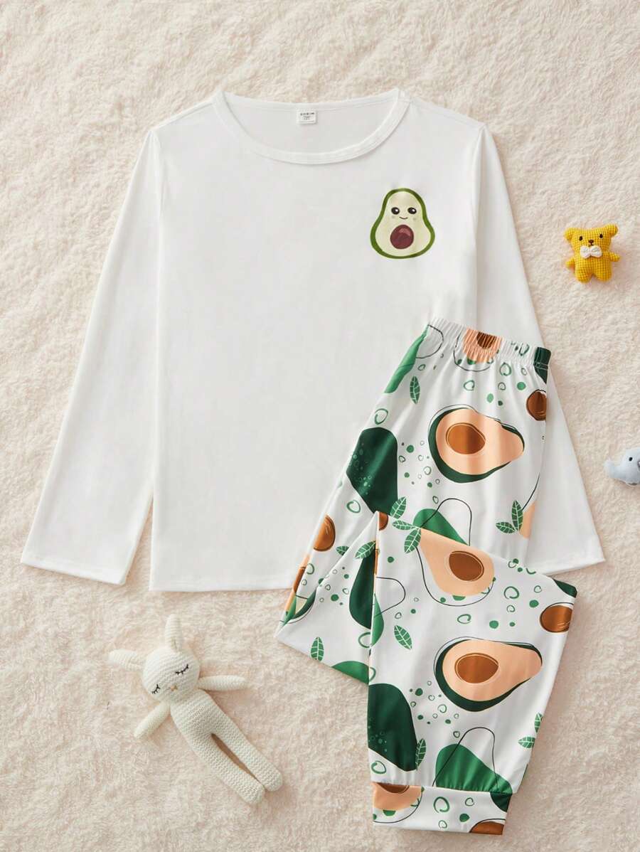 青少年男孩休闲简约长袖上衣和裤子家居服套装，日常穿着 - 白色 - 查看 1