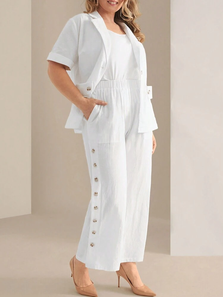 Plus Size Women's White Suit Short Sleeve Lapel Button Open Cropped Jacket And Side Seam Button Trim Double Pocket Wide Leg Trousers Elegant Blazer Set