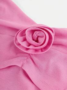 Girlism Teen Girls Dimensional Floral One-Shoulder Tube Top Vest With Gathered Pleated Neckline, Ribbed Fabric, Suitable For Party, Daily Wear, Elegant Refined, Good Fit - Pink - View 4