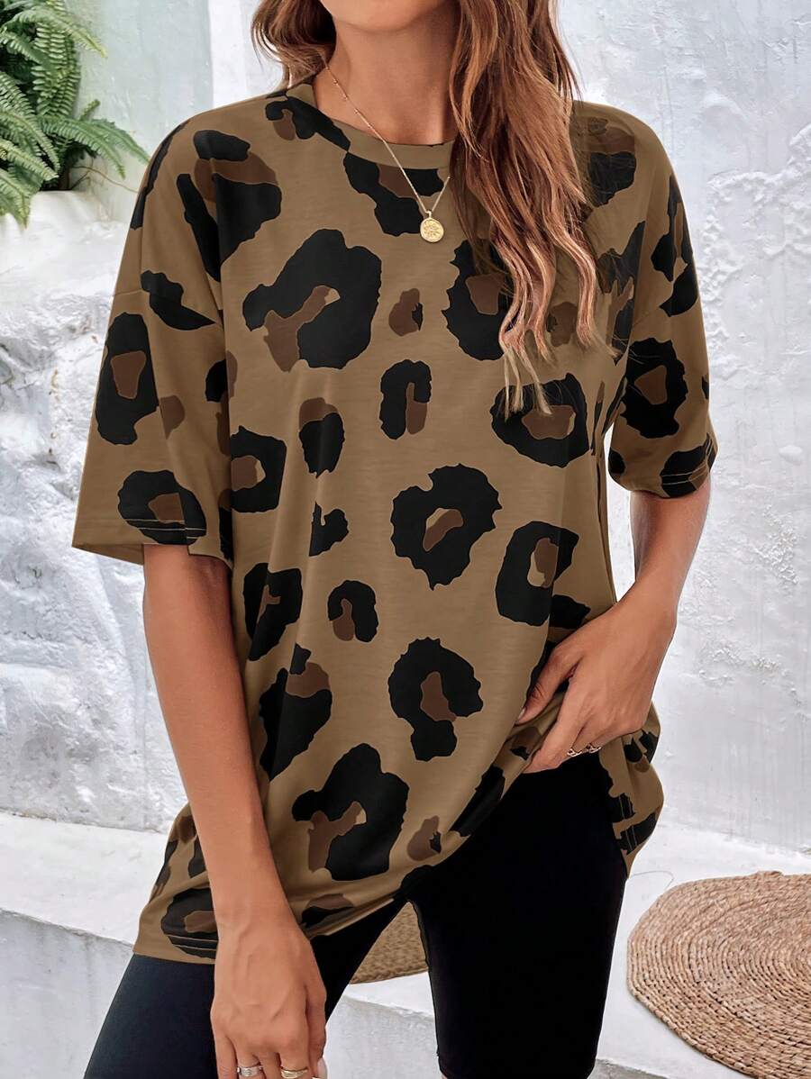 SHEIN LUNE Fashionable Leopard Print Round Neck Drop Shoulder Oversized Basic Women T-Shirt - Coffee Brown - View 1