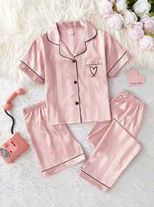 Genkimix Kids 3pcs/Set Girls Casual Watermelon Print Striped Short Sleeve Cardigan, Shorts And Pants, Coordinated Loungewear