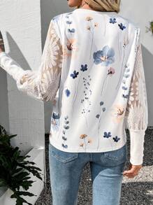 SHEIN LUNE Blusa de mujer con mangas de encaje y estampado floral, color blanco - Blanco - Ver 2